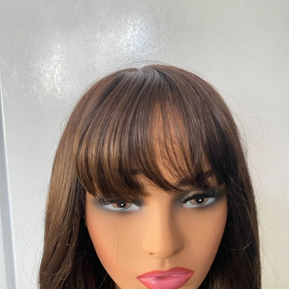 Chocolate Brown Wavy Long Wig with bangs 26”